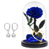 Eternal Blue Rose with White Pearl Earrings in Glass Dome with LED Light